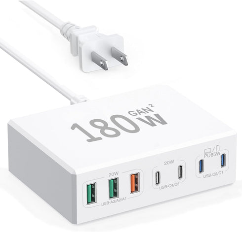 USB C Charger 180W GaN, 7 Ports Fast Charger Power Adapter, Compatible with MacBook, iPhone 12/13/14/15, and Other