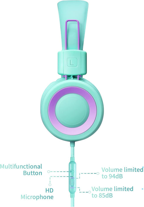 POWMEE P10 Kids Headphones with Microphone - Adjustable Volume Control Foldable On-Ear Headphones, Green.