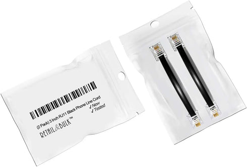 (2 Pack) 3 Inch Telephone Cord, Professional Grade, 6P4C Male RJ11 Plugs, Made in USA, Black