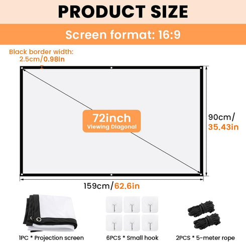 StepOK 16:9 60"|72"|84"|100"|120"|150" (72 inch Projector Screen, White Projector Screen, No Crease Home Theater