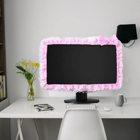 (17''-22''Pink) Computer Monitor Cover with Lovely Cute Elastic Pen Pocket Bow-knot TV LCD Screen Monitor Decoration