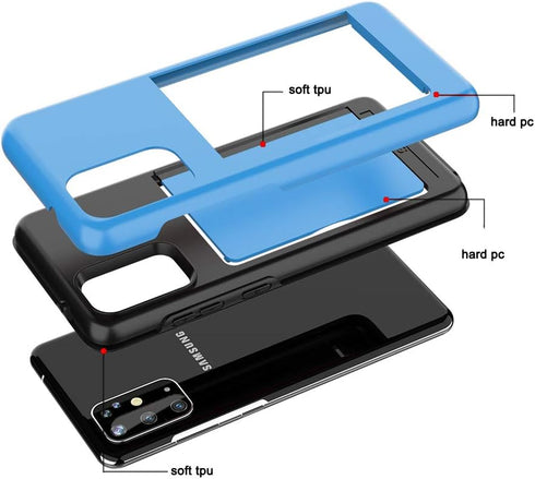 Phone Case for Samsung Galaxy A51 5G, Tempered Glass Screen Protector Cover with Credit Card Holder, Rugged Blue