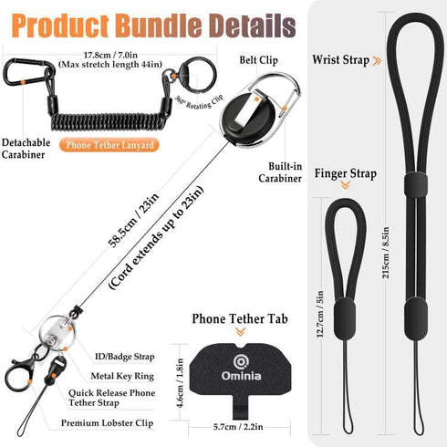 Ominia Retractable Phone Tether Lanyard: Anti-Theft Retractable Phone Lanyard with Universal Phone Tether Cord Wrist & Finger Lanyard Phone Tether Tabs