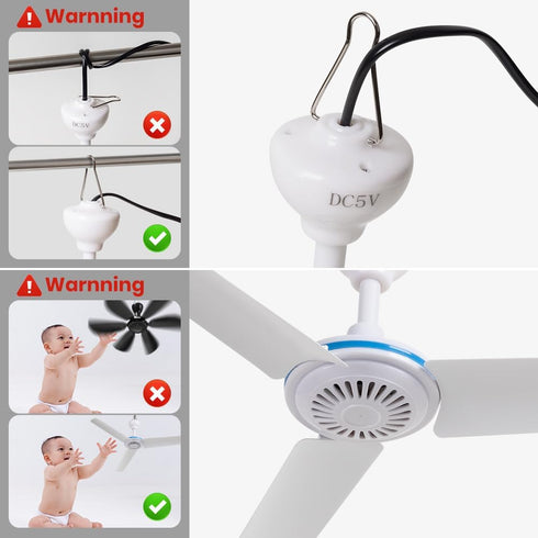 Small USB Ceiling Fan 19.7” Portable Hanging Fans for Power Bank, Indoor Outdoor RV, Mini Silent Fan