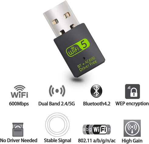 USB WiFi Bluetooth Adapter, 600Mbps Dual Band 2.4/5Ghz Wireless Network External receiver, Mini WiFi Dongle for PC/Laptop/Desktop