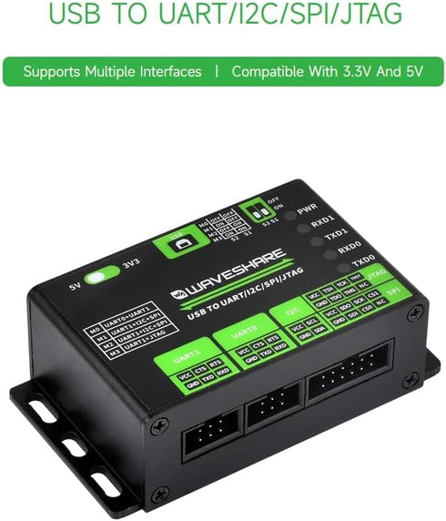 Waveshare USB to UART/I2C/SPI/JTAG Converter, Multiple Interfaces, 3.3V and 5V Compatible, Protection Circuits