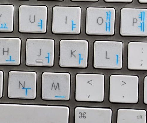 Korean Apple Keyboard Sticker with Blue Lettering on Transparent Background