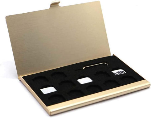 Aluminum SIM Card Case, Universal Waterproof Slim Mini Storage Case with 12 Nano SIM Card Slots, Gold