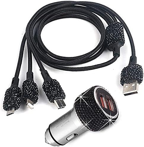 Bling Car Charger Accessories Set, Rhinestone Dual USB Car Chargers + Bling 3 in 1 Charging Cable for Girls