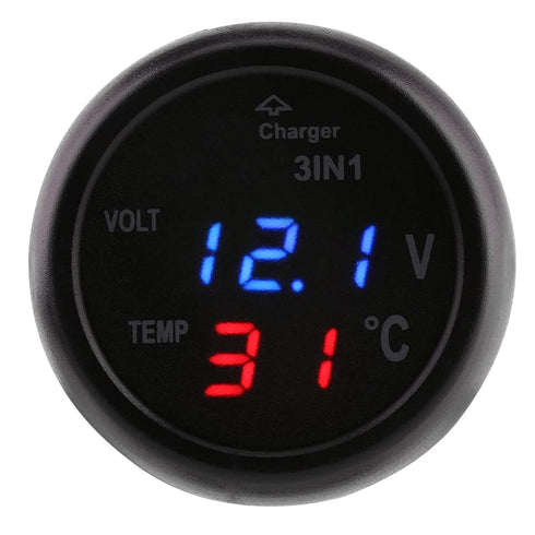 Digital Voltage Temperature Monitor, 12V to 24V 3in1 Dual USB Car Battery Voltage Tester (Blue + Red)
