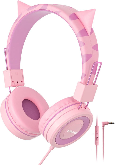 Shop SIMJAR Cat Ear Kids Headphones (Pink) with Microphone, Volume Limiter 85/94dB, Foldable for School & Travel.