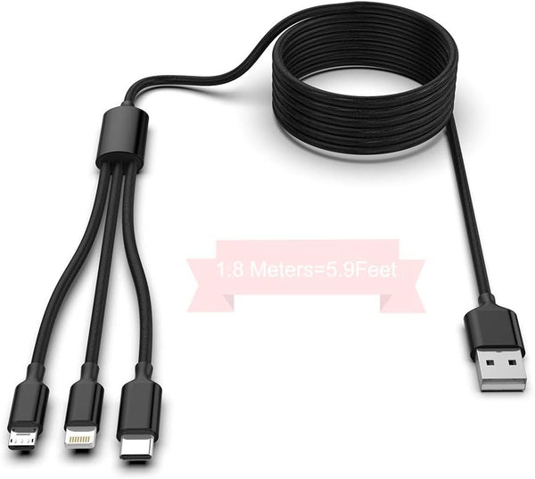Multi 3 in 1 USB Long Charging Cable 1.8M/5.9Ft Nylon Braided Universal Cord USB C/Micro USB/Lightning Adapter (Black)