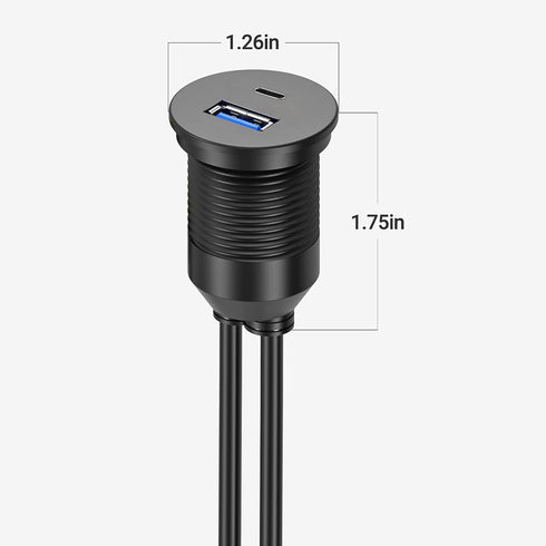 USB Type C 3.0 and USB 3.0 Male to Female Flush Mount Cable, Waterproof Kit for Car Dash Panel Mount Adapter