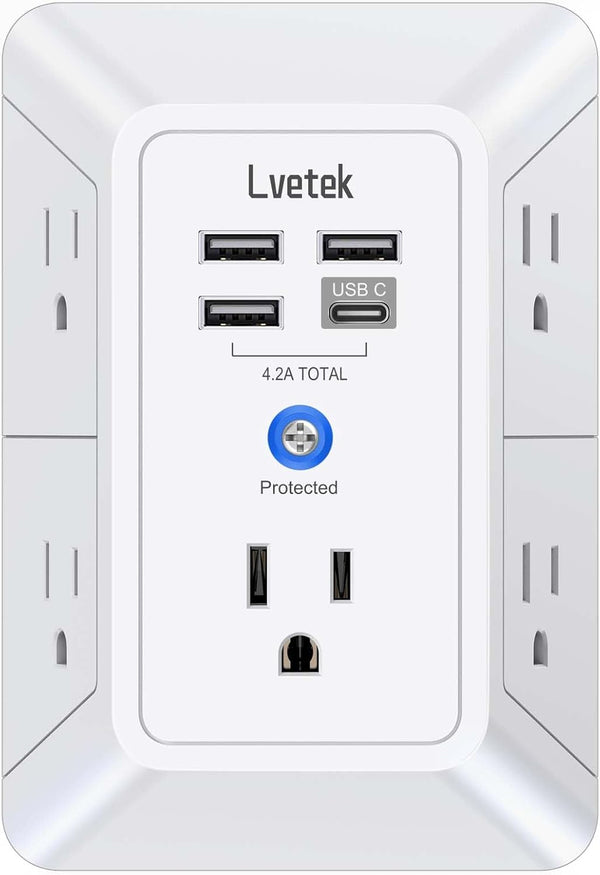 5-Outlet Wall Charger Surge Protector with 4 USB Ports - 1680J Multi Plug for Home, Office, Travel