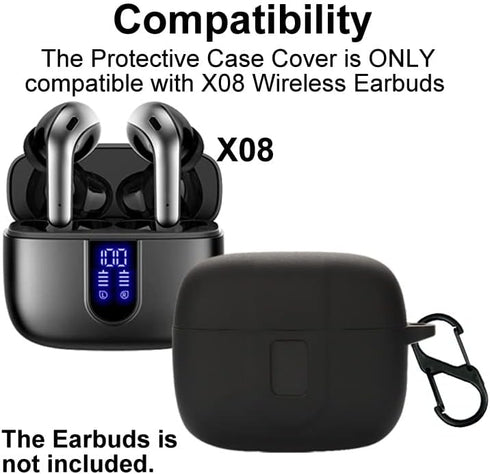 Earbuds Case Compatible with TAGRY X08 Wireless Headphone, Silicon Protective Cover with “S” Shaped Dual Carabiner, with Window for LED Display (Black)
