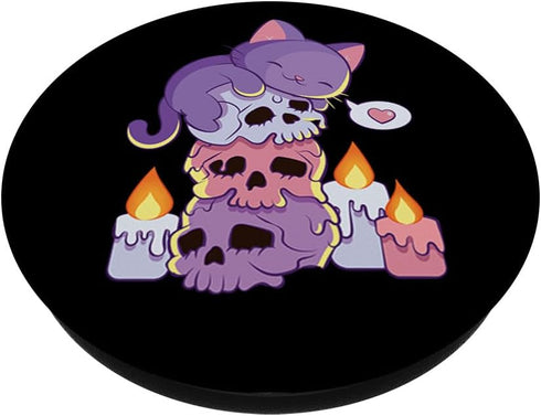 Purple Cat on Skulls Cute Aesthetic Anime Kawaii Pastel Goth PopSockets Standard PopGrip
