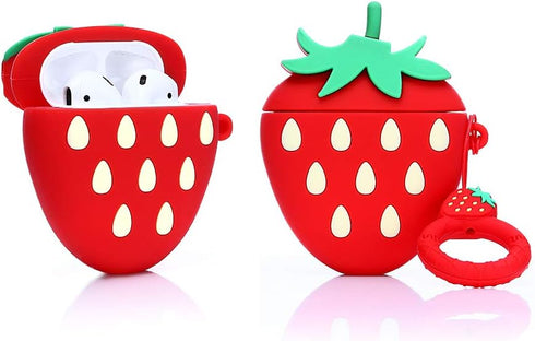 Airpods Silicone Case, Funny Cute Cover for Apple Airpods 1&2, 3D Strawberry Design, Best Gift