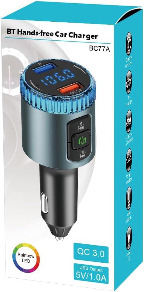 ILOKEY 5.0 12V~24V MP3 7 3.0 (black-BC52) Bluetooth Car FM Transmitter for Car Noise Cancelling Player Color LED