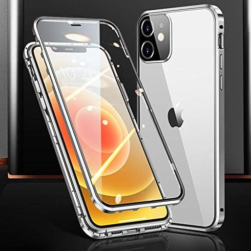 iPhone 12 Pro Max Case with Camera Lens Protector, Metal Bumper, 360 Full Body Protection, Silver, Double-Sided