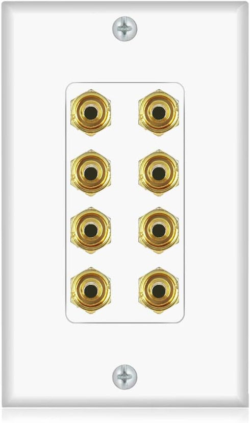Banana Binding Post Two-Piece Coupler Inset Wall Plate for 4 Speakers Standard Single Gang White