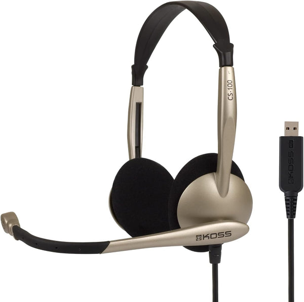 Koss CS100 USB On-Ear Headset, Double-Sided, Lightweight, Black & Beige, with Boom Microphone. Perfect for clear audio!