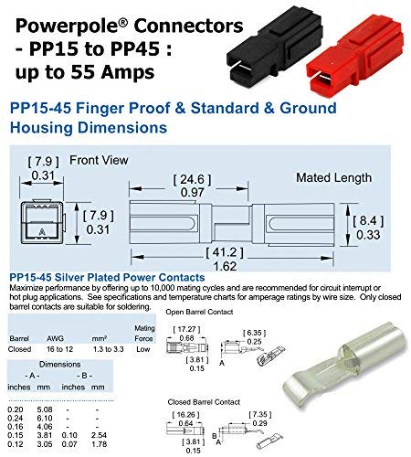 30 Amp Anderson Powerpole Connectors, PP15 to 45 - Red and Black Housing, 12-16 AWG Heavy Duty Contact, Pack of 12