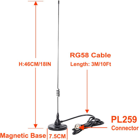 VFAN Dualband 2meter 70cm (137-149, 437-480 PL-259 10 RG58 Antenna Mobile VHF/UHF Ham Radio Mhz) Mag Mount Magnet Base
