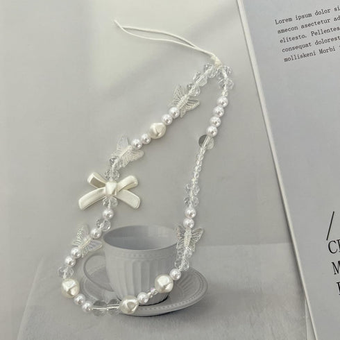 White Mobile Phone Lanyard, Universal Phone Chain with Black Bow and White Pearl Beads, Anti-Lost Strap