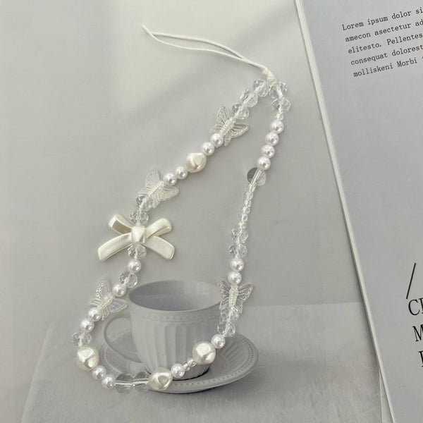 White Mobile Phone Lanyard, Universal Phone Chain with Black Bow and White Pearl Beads, Anti-Lost Strap