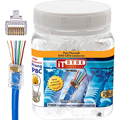 ITBEBE 50 Pieces RJ45 Cat6 Pass Through Connectors - Gold Plated Transparent Ethernet Insert Crimp Connector for 24 AWG
