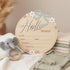 6 Inch Wooden Baby Announcement Sign Round Birth Stat Plaque with Floral and Bow Design (Blue)