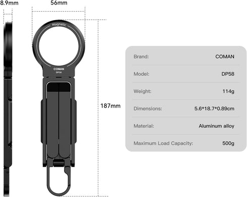 COMAN DP58 Magnetic Phone Tripod, Aluminum MagSafe Tripod Stand with Carabiner, Mini Portable Travel Pocket Tripods