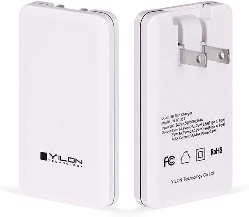 Ultrathin Charging Adapter 2-Port PD Charger 18W Fast Charging QC3.0 USB-C for iPhone 11/12/Pro Max, Galaxy