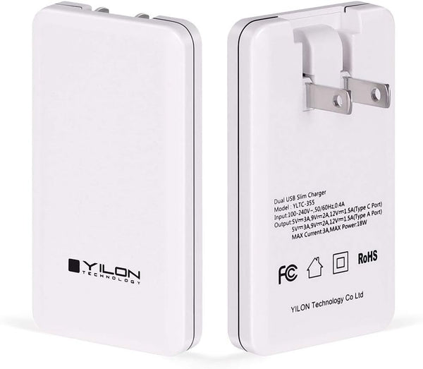 Ultrathin Charging Adapter 2-Port PD Charger 18W Fast Charging QC3.0 USB-C for iPhone 11/12/Pro Max, Galaxy