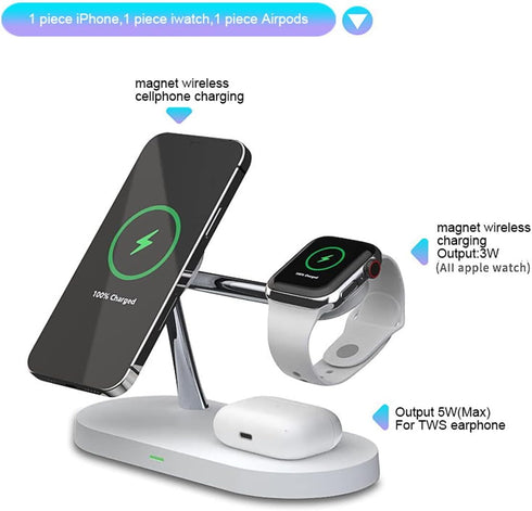 5 in 1 Magnetic Wireless Charging Stand, 15W Fast Mag-Safe Charging Station for iPhone 15/14/13/12, iWatch, Airpods