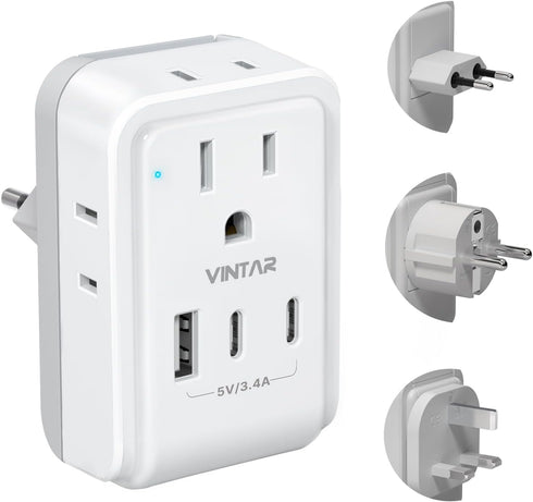 VINTAR European Travel Plug Adapter Kit, Adapter for Europe Plug with 3 USB Ports (2 USB C) and 4 AC Outlets, Type C,