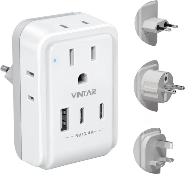 VINTAR European Travel Plug Adapter Kit, Adapter for Europe Plug with 3 USB Ports (2 USB C) and 4 AC Outlets, Type C,