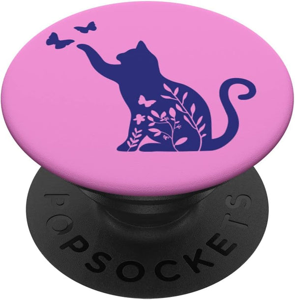Floral Cat Pink Phone Holder, Flowers Black Cats Lovers PopSockets Swappable PopGrip
