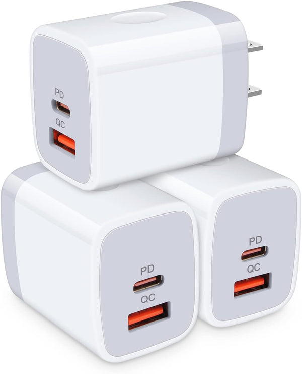 USB C Power Adapter, 3Pack 20W 2 Port PD&QC 3.0 Fast Charging Block Wall Charger for iPhone and Samsung Galaxy