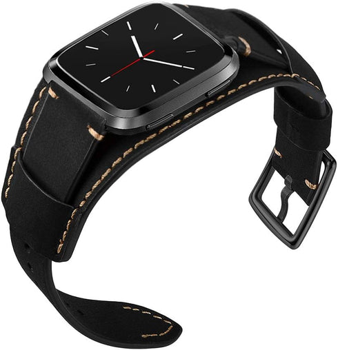 Genuine Leather Cuff Bracelet Replacement Strap for Fitbit Versa Bands - Stainless Steel Buckle for Men Women (Black)