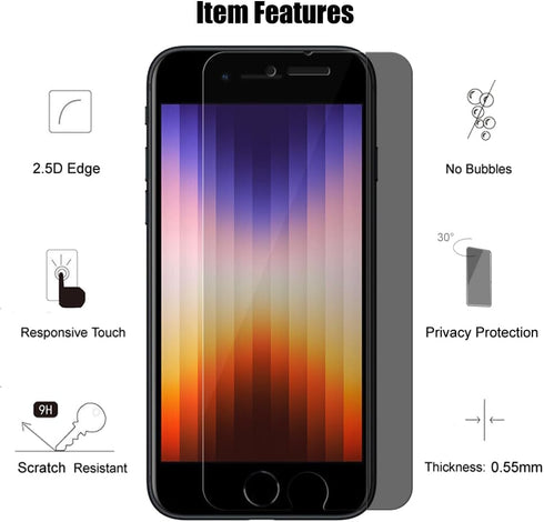 3 Pack Anti-Spy Tempered Glass Privacy Screen Protector for iPhone SE 2022/2020, iPhone 8, iPhone 7 (4.7")