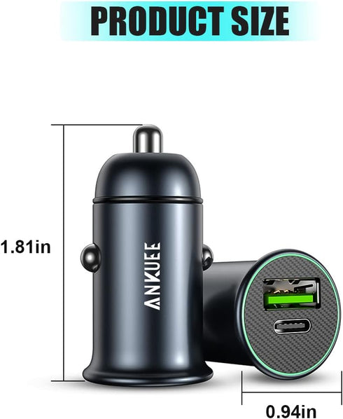 USB-C Car Charger Adapter, Mini All-Metal Dual Ports Fast Charging 60W PD + 30W QC3.0 Universal for iPhone, Samsung