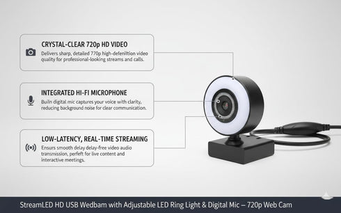 Generic StreamLED 720p Setup HD USB Webcam with Adjustable LED Ring Light & Digital Mic Web Cam for Streaming, Zoom