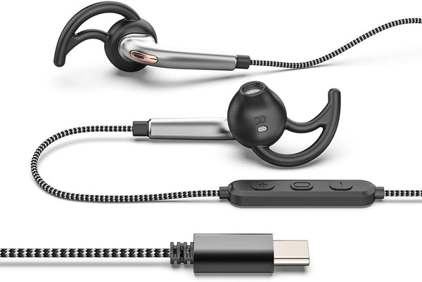 Wired USB C Headphones for Sports Running, Half in-Ear Earbuds with Microphone, Secure Fit, Tangle-Free Braided Cord,