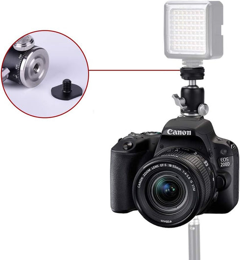 Camera Tripod Mini Ball Head Mount with Cold Shoe, 360 Pan & 90 Tilt Adapter for DSLR/Light Stand