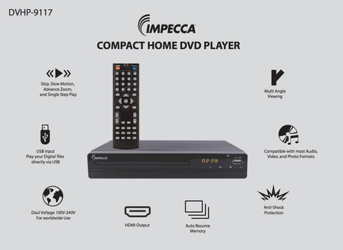 Impecca MP3 1080P, 2.0 100-240V DVHP9117 DVD Player for TV Multi-Region HDMI, RCA AV Cable, USB, CD Playback