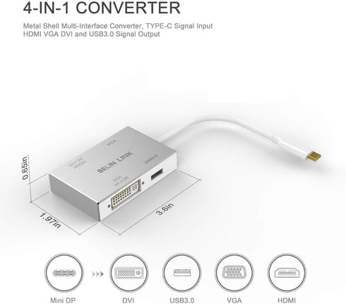 USB C to HDMI DVI VGA USB 3.0 Adapter, USB 3.1 Type-C 4in1 Hub to HDMI DVI 4K VGA Converter for MacBook/MacBook Pro