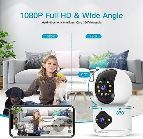 VSTARCAM 1080P Monitor,360 2-Way 005 Camera Dual-LensI, Pet Baby Security Camera Indoor with Siren & Spotlight, Motion