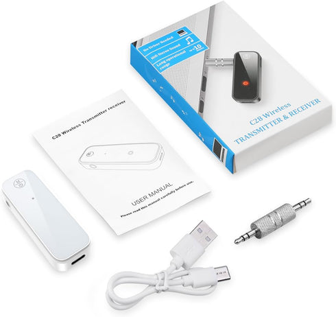 Aux Bluetooth Adapter for Car, 2 in 1 Wireless Transmitter Receiver, Built-in Mic for Hands-Free Calls, White