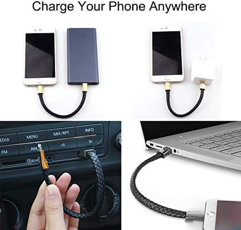 USB Leather Charging Bracelets - Portable Braided Wrist Band Data Charger Cord for iPhone (Gold Metal + Black Leather)